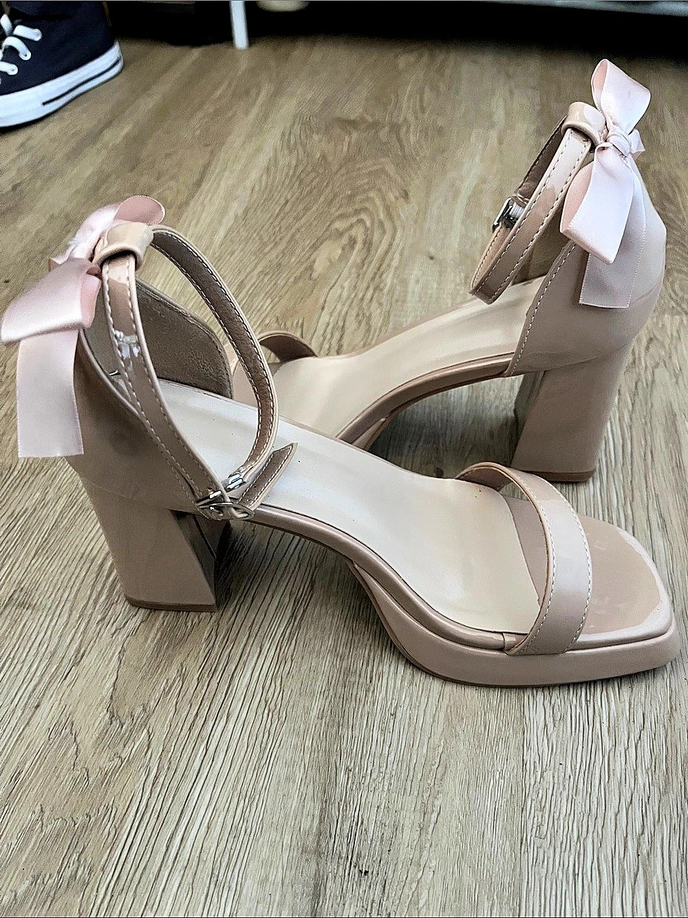 Bow Ankle-Strap Heels in Nude